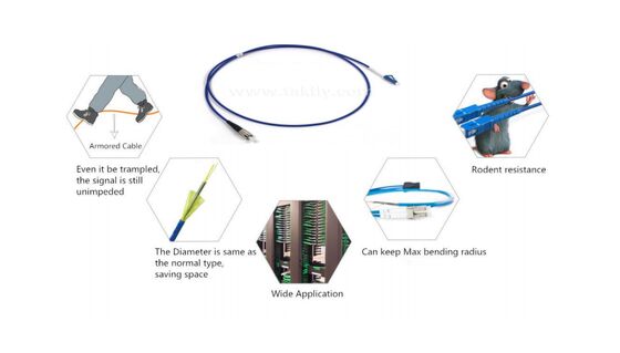 Gepantserde vezel-patchkabel. Roestvrijstalen buis en Kevlar versterkt. Buigvrij voor FTTH, datacenters en industriële netwerken.