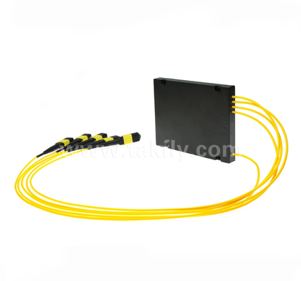 1×4 MPO/MTP SM PLC-splitter – Single-mode, 1×4 configuratie, MPO-ingang naar MPO-uitgang, laag invoegverlies (≤7,2 dB), voor datacenterbekabeling met hoge dichtheid, vooraf afgesloten systemen en FTTx-distributie