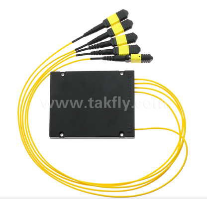 1×4 MPO/MTP SM PLC-splitter – Single-mode, 1×4 configuratie, MPO-ingang naar MPO-uitgang, laag invoegverlies (≤7,2 dB), voor datacenterbekabeling met hoge dichtheid, vooraf afgesloten systemen en FTTx-distributie