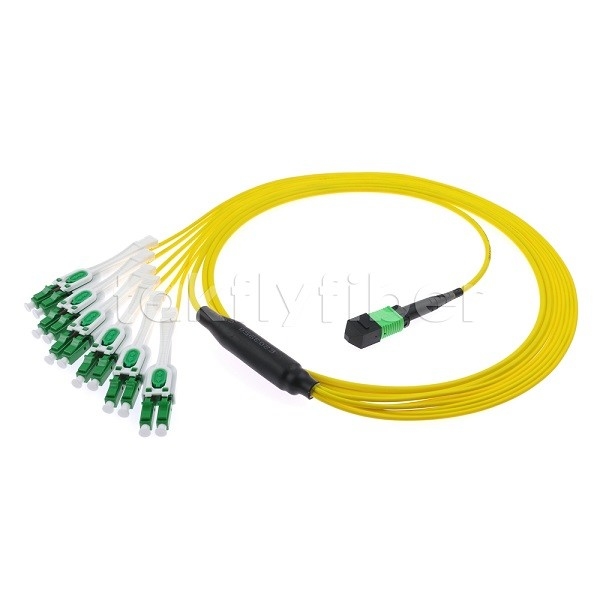12F MPO-6x LC APC DX Uniboot SM Fiber Optic Patch Cord met Nickel Sleeve 3.0mm Diameter