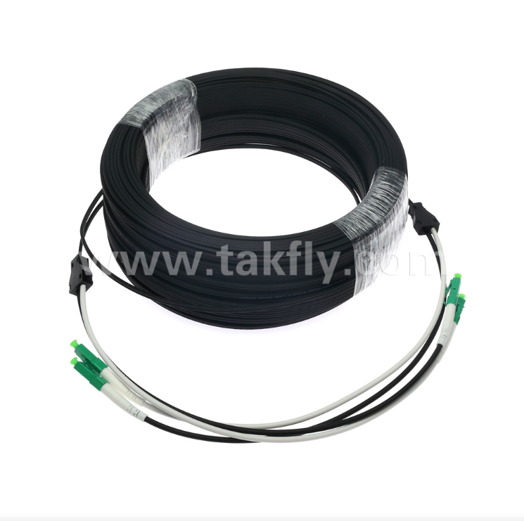 LC/APC Flat Drop Patch Cord - 2 Core Duplex, Pre-connectorized, Anti-Vibration, Binnen Geschikt voor Snelle FTTH Implementatie.